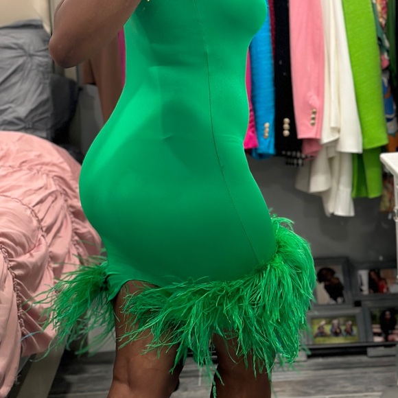 Green One Sleeve Custom Ostrich Feathers Bodycon Mini Dress - Picture 15 of 15